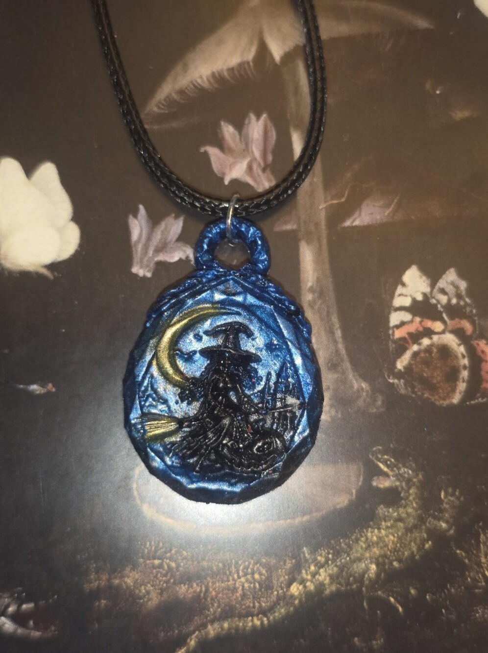 Halloween Witch Scene Set In Resin Cabochon On Cord Necklace